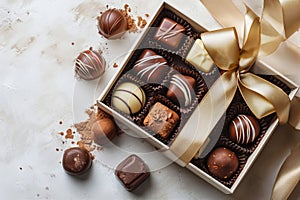 Luxury set of handmade chocolates in a gift box decorated with ribbon