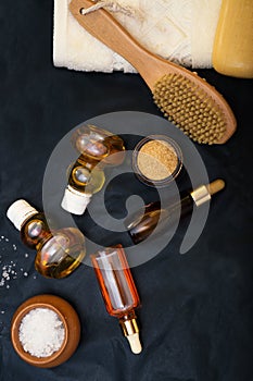 Luxury Set of spa products with accessoires on black background. flat lay