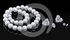 Luxury set white pearl necklace and diamonds on a black background with glossy reflection