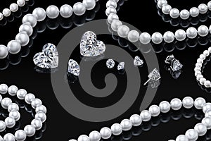 Luxury set white pearl necklace and jewelry with diamonds in earrings on a black background with glossy reflection