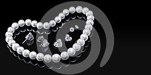 Luxury set white pearl necklace and jewelry with diamonds in earrings on a black background with glossy reflection