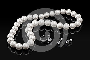 Luxury set white pearl necklace and jewelry with diamonds in ring and earrings on a black background