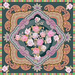 Luxury shawl with bouquet of gentle pink roses and paisley ornament in ottoman style. Indian, russian, persian motifs.