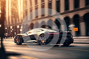 Luxury shiny sports car drives fast on city street, futuristic auto at sunset, generative AI