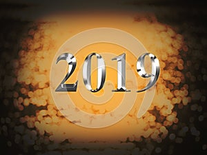 Luxury silver 2019 new year on gold bokeh background. Happy new year 2019