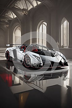 Luxury silver sports car indoors