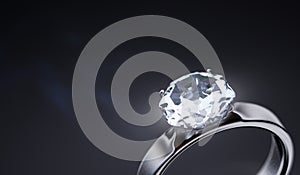 Luxury silver ring with diamond on black background. 3D rendered illustration