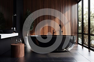 furniture black interior bathtub luxury home beautiful wood design bathroom modern. Generative AI.