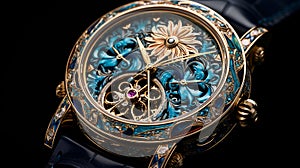 luxury skeleton watch with sapphires, gold and turquoise