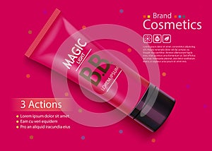 Luxury skin toner, bb cream or peeling scrub contained in tube, pink background. Cosmetic and organic makeup concept.