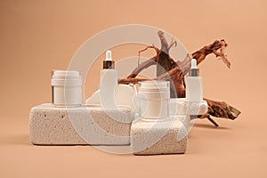 Luxury Skincare Products Displayed on Textured Stone and Driftwood photo
