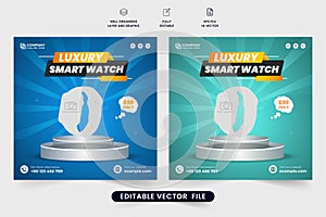 Luxury smartwatch sale social media post vector with blue and green colors. Classic clock and gadget advertisement template.