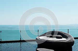 Luxury Sofa Bed at Right Corner with Tranquil Scene Beautiful Sea View in Pattaya, Thailand and Clear Sky as Copyspace