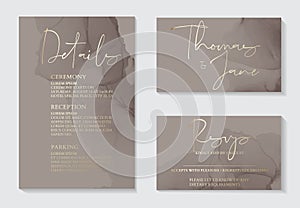 Luxury soft decor, dark grey wedding invitation cards with gold marble texture and geometric pattern minimal style vector design