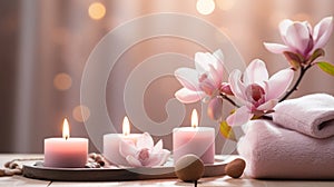 luxury spa with pool ,candles,magnolia flowers in cozy massage salon