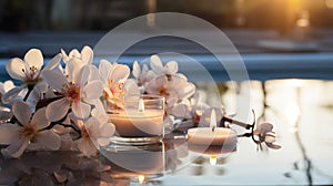 luxury spa with pool in hotel ,candles,magnolia flowers in cozy massage salon