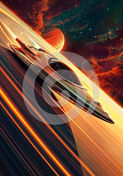 luxury space cruise to the rings of Saturn, featuring a sleek spacecraft and stunning vistas.