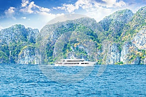 Luxury speed boat in beautiful ocean round island near Phi Phi Islands, Thailand. Travel concept. Asia