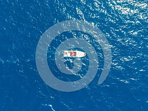 Luxury speed motor boat blue water. Aerial view