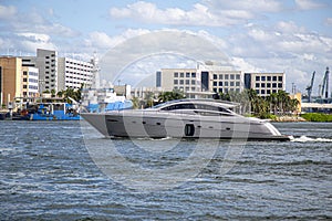 Luxury speed yacht near tropical island in Miam