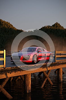 Luxury sport car 3d illustrated, in an early morning