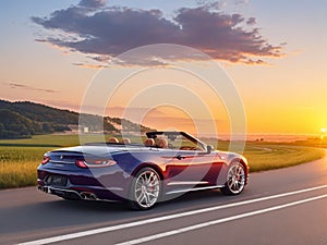 Luxury sport car convertible in countryside landscape at sunset