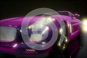 Luxury sport car in dark studio with bright lights