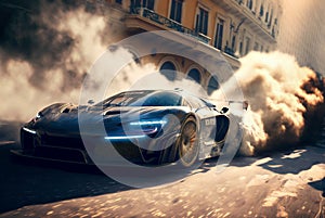 Luxury sport car drifting on city street, racing car in smoke from burning tires, generative AI