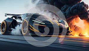 luxury sport car drifting on track, racing car in smoke from burning tires