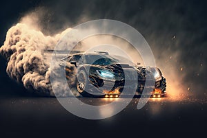 Luxury sport car drifting on track, racing car in smoke from burning tires, generative AI