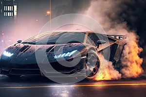 Luxury sport car drifting on track, racing car in smoke from burning tires, generative AI