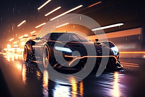 Luxury sport car drives on city street at night, futuristic car moves fast, generative AI