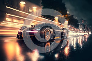 Luxury sport car drives on city street at night, futuristic car moves fast, generative AI