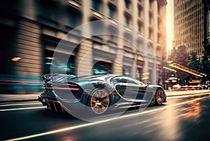 Luxury sport car drives fast on city street, futuristic car moves fast, generative AI