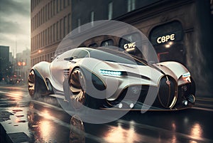 Luxury sport car drives fast on city street, futuristic car moves fast, generative AI