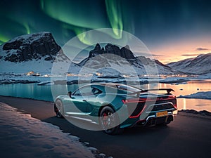 Luxury sport car in nice landscape in Greenland with Nothern lights
