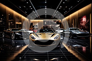 Luxury sport car showroom filled with sleek sports cars and extravagant vehicles. Generative AI