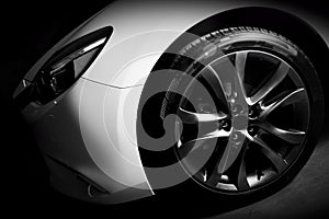 Luxury sports car close up of aluminium rim and headlight