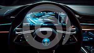 Luxury sports car driving at night with illuminated blue dashboard generated by AI