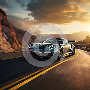 luxury sports car on lonely country road, generative ai