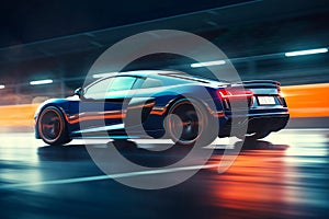 Luxury Sports Car Racing on Modern Racetrack During Night City Ride. created with Generative AI