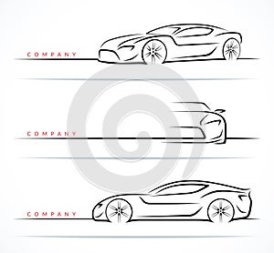 Luxury sports car silhouettes set. Front, perspective and side view. Vector illustration