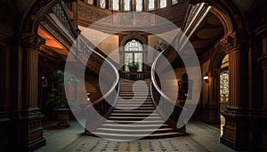 Luxury staircase inside famous old building illuminated at night generated by AI