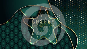 Luxury Star Abstract 3D Background with gold wavy line and glitter. Gradient Emerald Green Color