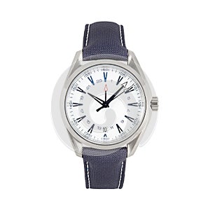 Luxury steel wristwatch with white dial and optional time zone and blue nylon strap