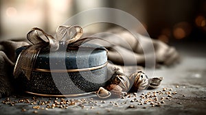 luxury still life with navy blue gift box with bow