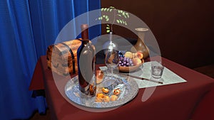 Luxury still life with wine, grapes and fruits 3D