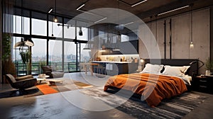 Luxury studio apartment with a free layout in a loft style in dark colors. Stylish modern kitchen, cozy bedroom area and