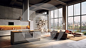 Luxury studio apartment with a free layout in a loft style in dark colors. Stylish modern kitchen, cozy living area with