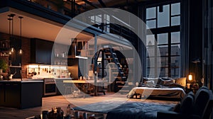 Luxury studio duplex loft style apartment with a free layout in dark colors. Stylish modern kitchen with dining area